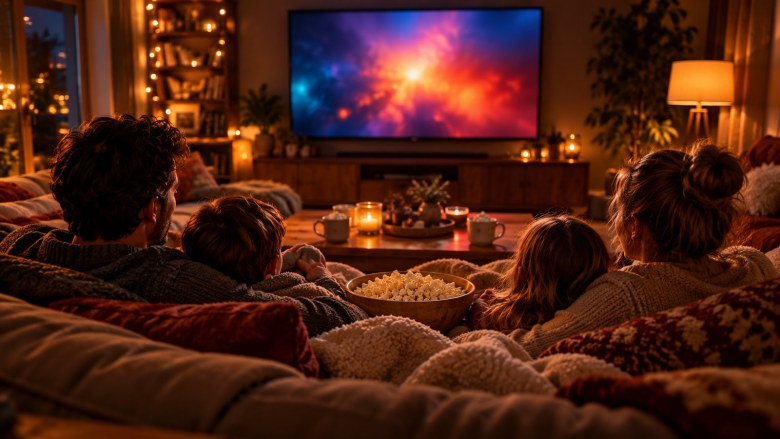 A family watching a film together on the sofa with popcorn in a warm, cozy living room