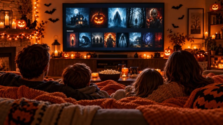 Family on a sofa under orange blankets watching a big TV on Halloween night, with glowing pumpkins, candles and bats on the wall