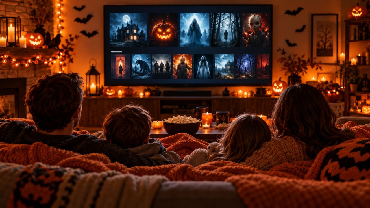 Family on a sofa under orange blankets watching a big TV on Halloween night, with glowing pumpkins, candles and bats on the wall