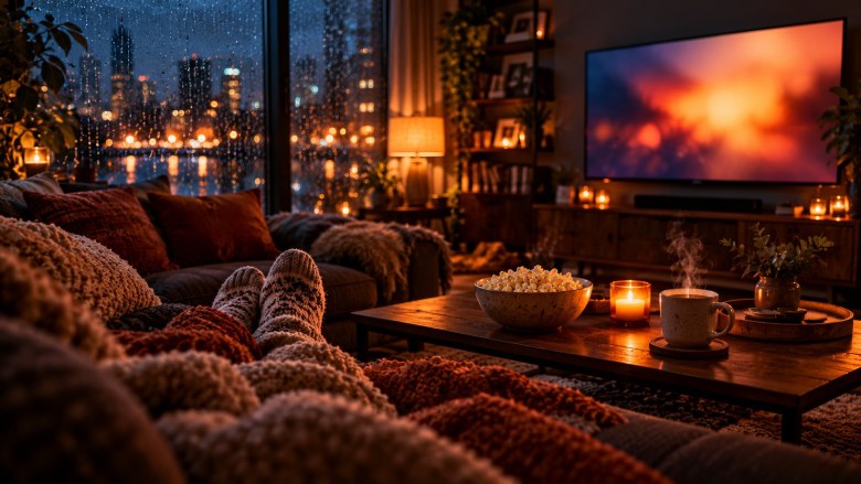 A cozy living room on a rainy night with blankets, popcorn, a candle and a glowing TV