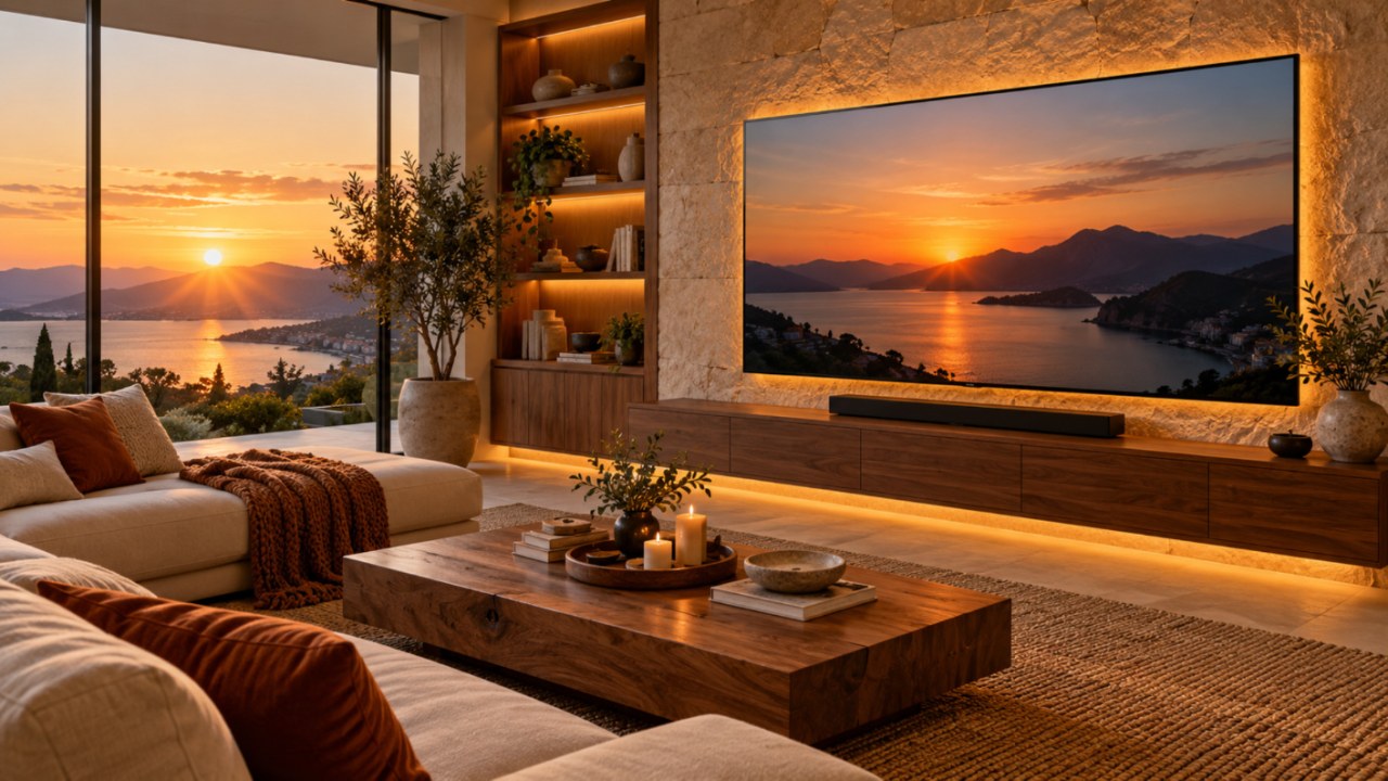Modern luxury living room with a large wall-mounted TV on a stone wall, warm LED lighting, a floating wood console and a cream sofa